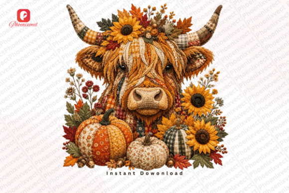 Autumn Fall Patchwork Highland Cow PNG: Bringing Rustic Charm to Your Fall Projects