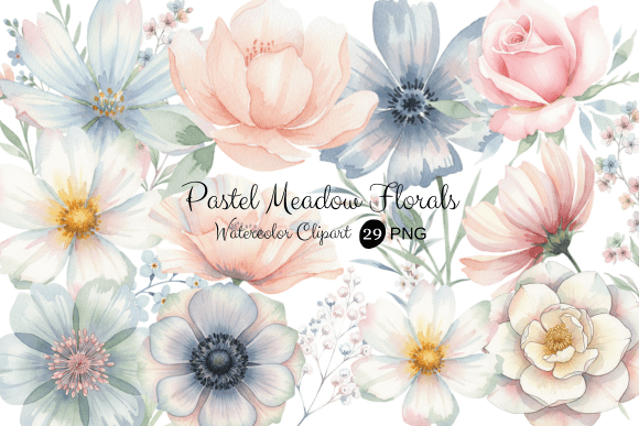 Pastel Meadow Watercolor Floral Clipart: Elevating Digital Design with Soft, Ethereal Aesthetics