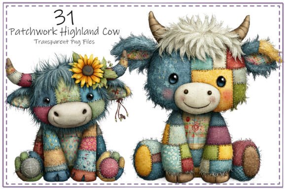 Patchwork Highland Cow Clipart Bundle